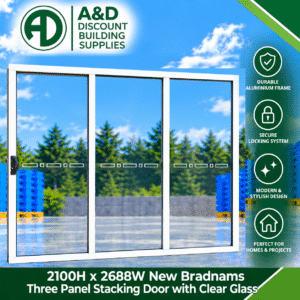 Bradnams 3 Panel Aluminium Stacker Door – 2100H × 2688W – Clear Glass