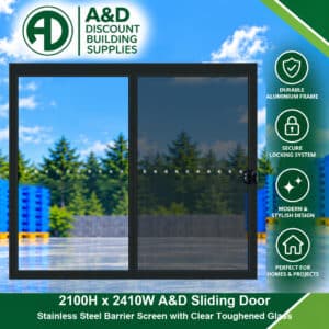 A&D Aluminium Sliding Door – 2100H × 2410W – Stainless Steel Barrier Screen – Clear Glass