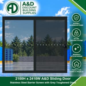 A&D Aluminium Sliding Door – 2100H × 2410W – Stainless Steel Barrier Screen – Grey Glass