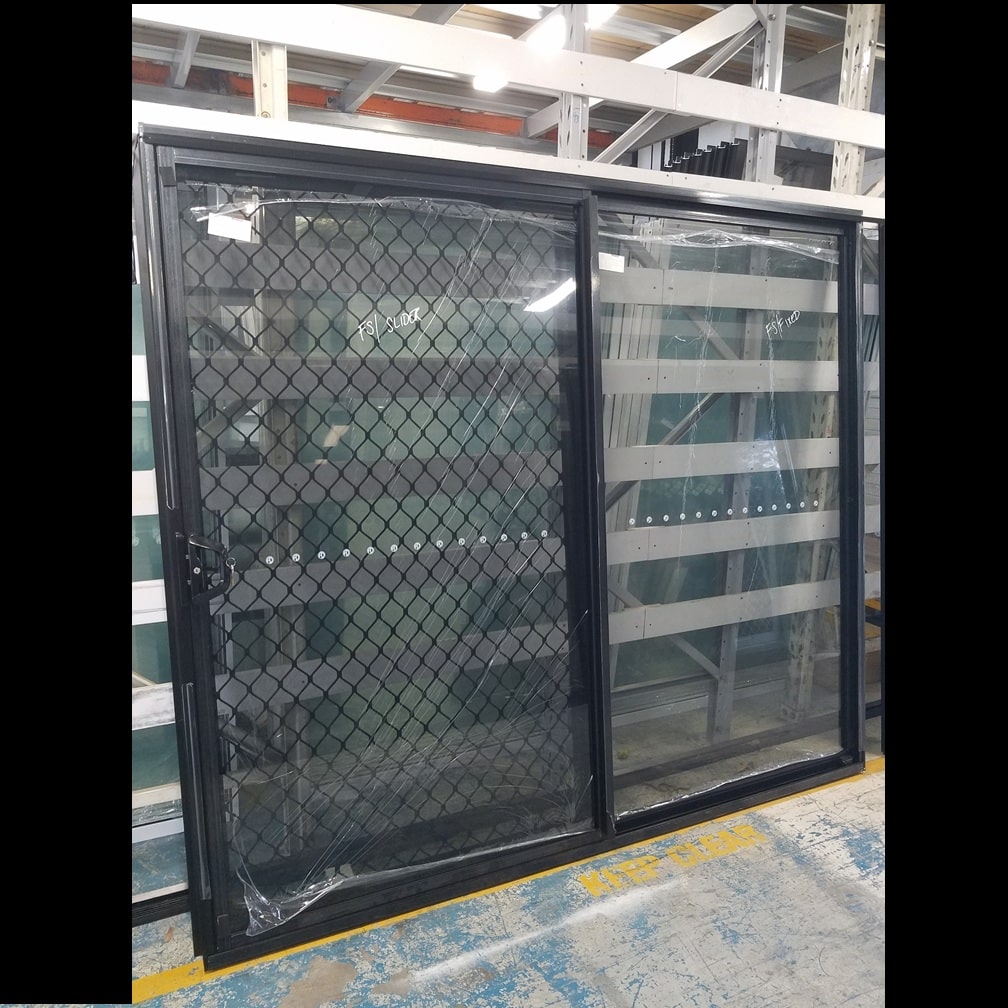 Sliding Door with Diamond Grill Screen - 2100h x 2410w Black w/ Grey Tinted Glass *NEW* 46167 1 Sliding Door
