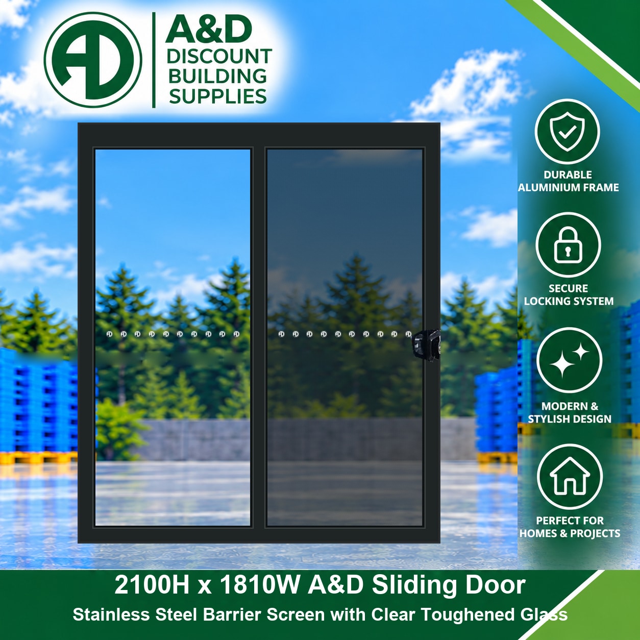 A&D Aluminium Sliding Door – 2100H × 1810W – Stainless Steel Barrier Screen – Clear Glass