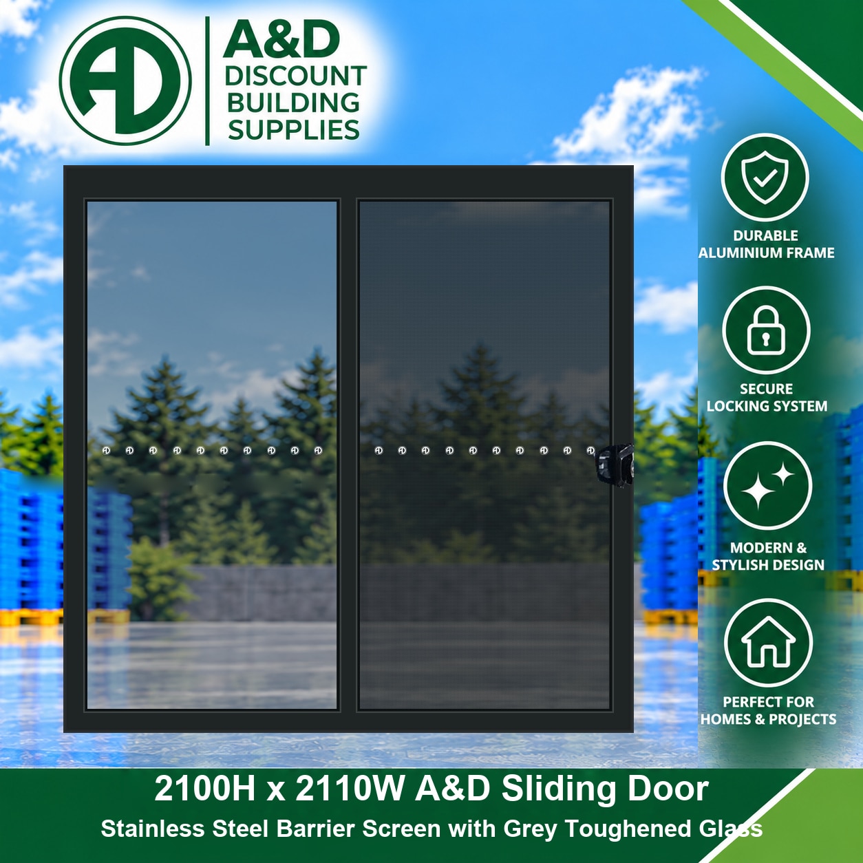 A&D Aluminium Sliding Door – 2100H × 2110W – Stainless Steel Barrier Screen – Grey Glass